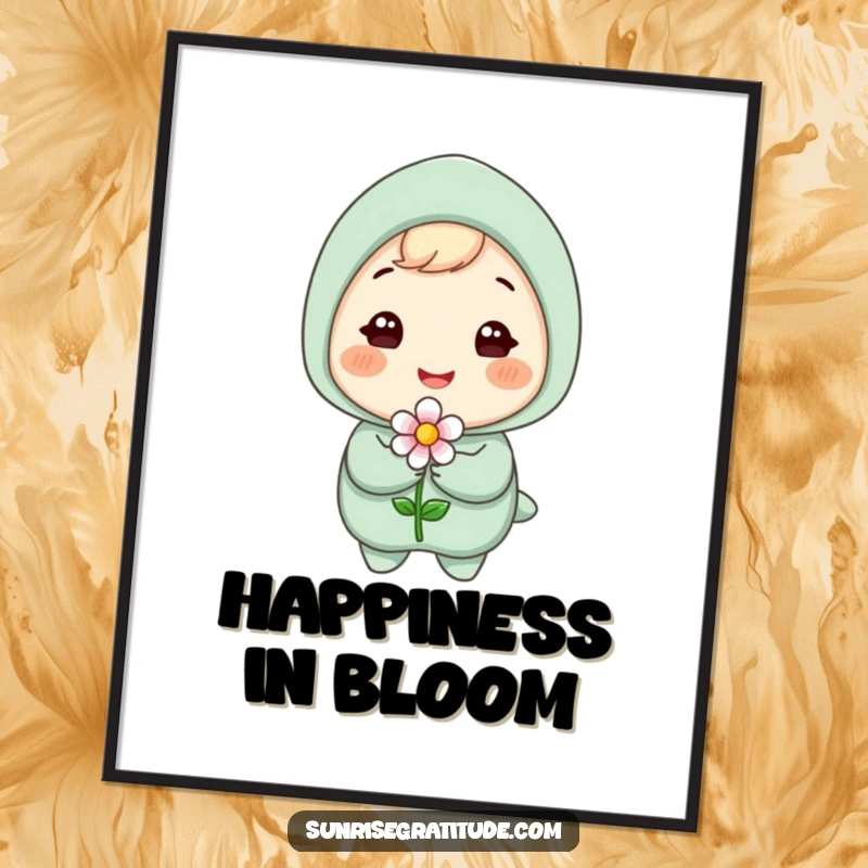 Funny poster showcasing a gleeful character with an infectious smile, holding a delicate blooming flower, a symbol of joy and optimism.