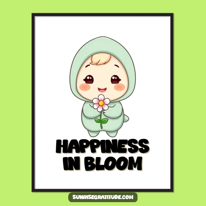 Funny Blooming Flower Poster: Gleeful Character Holding Flower, Cheerful Funny Art Print