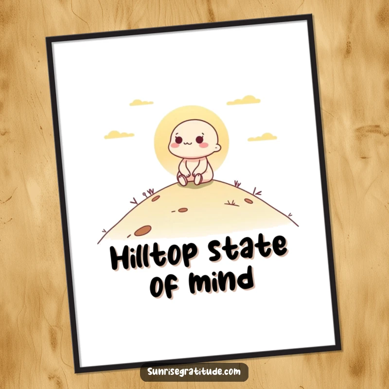 Funny poster displaying a character peacefully enjoying the view of a beautiful sunrise from a hilltop, bringing calm.