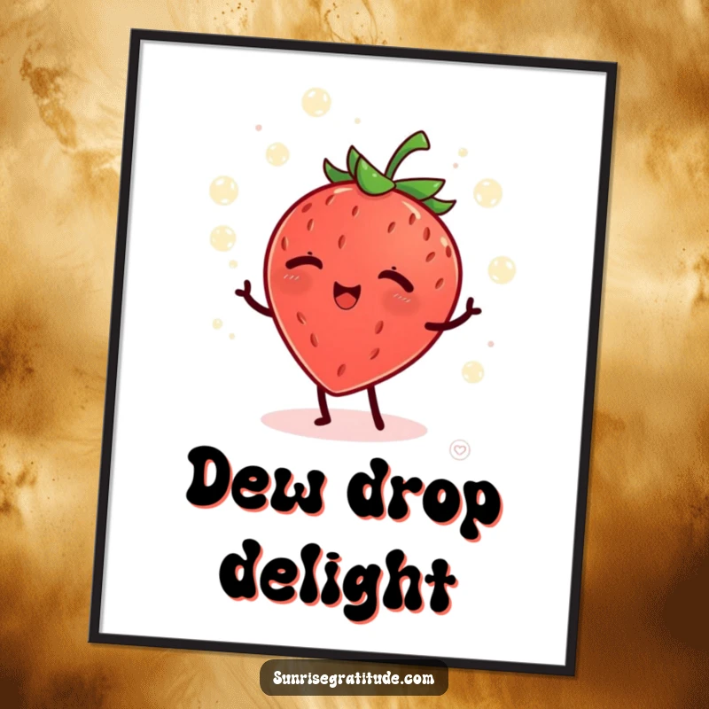 Funny giggling strawberry juggling dew drops at dawn, whimsical wall art for a cheerful space.