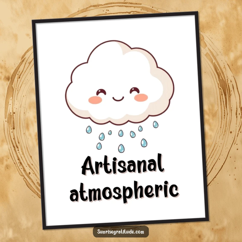 Funny happy cloud poster art, raining sparkling dew, creating a cheerful and whimsical atmosphere. A humorous decor piece.