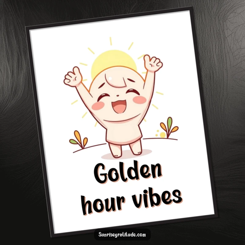 Funny Poster: A vibrant depiction of a character cheering joyfully as the sun rises, filling the space with optimism.