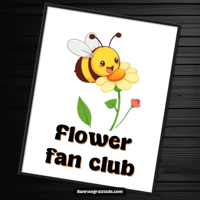 Funny playful bee poster art, buzzing happily towards a blooming flower, symbolizing energy and nature's vibrancy. A humorous and lively decor piece.