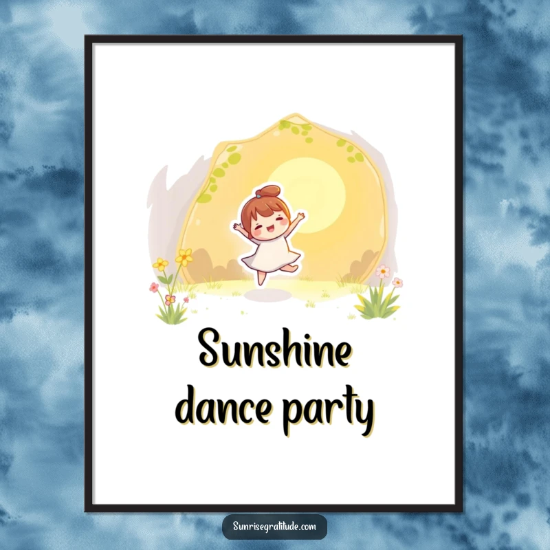 Funny poster artwork of a character energetically dancing with the initial golden rays of sunlight, embodying pure playfulness.