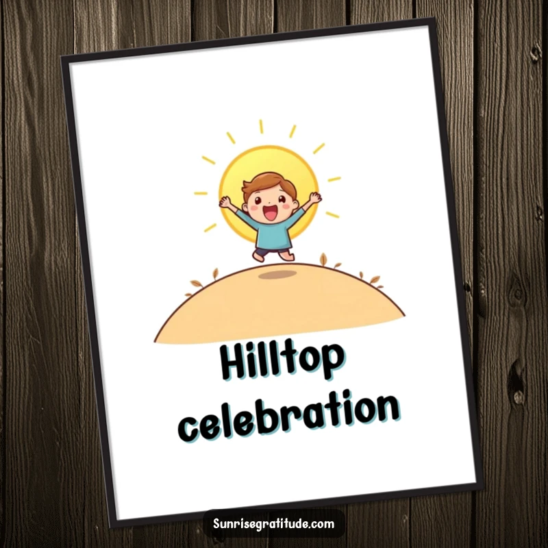 Funny poster of a playful character leaping with joy as the sun peeks over a hill.