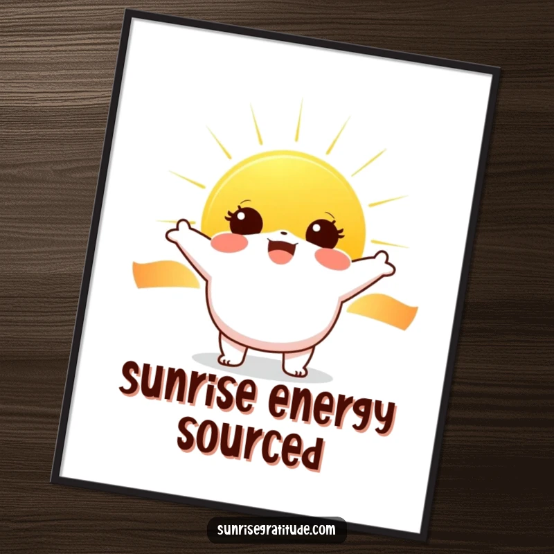 Funny Sunrise Radiance Poster: Cheerful character with wide eyes joyfully greeting a bright rising sun, perfect funny gift.