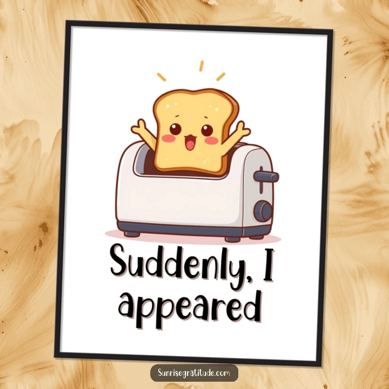 Funny poster showcasing a surprised toast character dramatically exiting a toaster, bathed in a bright light beam, representing morning awakening.