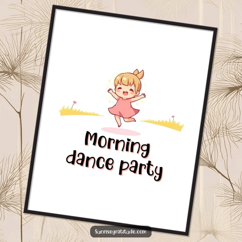 Funny poster of a playful character dancing in the golden light of early morning, capturing a moment of pure joy and vibrant energy.