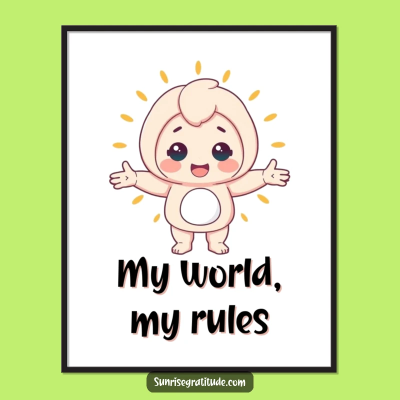 Funny Awakening World Poster: Cheerful Character Hugging Life, Inspiring Funny Art Print