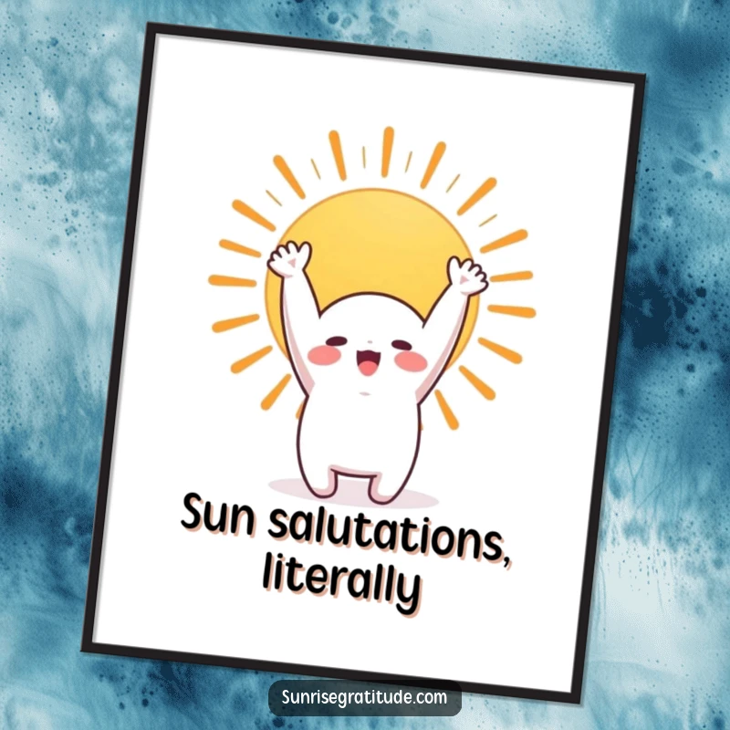 Funny poster showcasing a cute character stretching arms up to a colorful rising sun, bringing morning cheer.