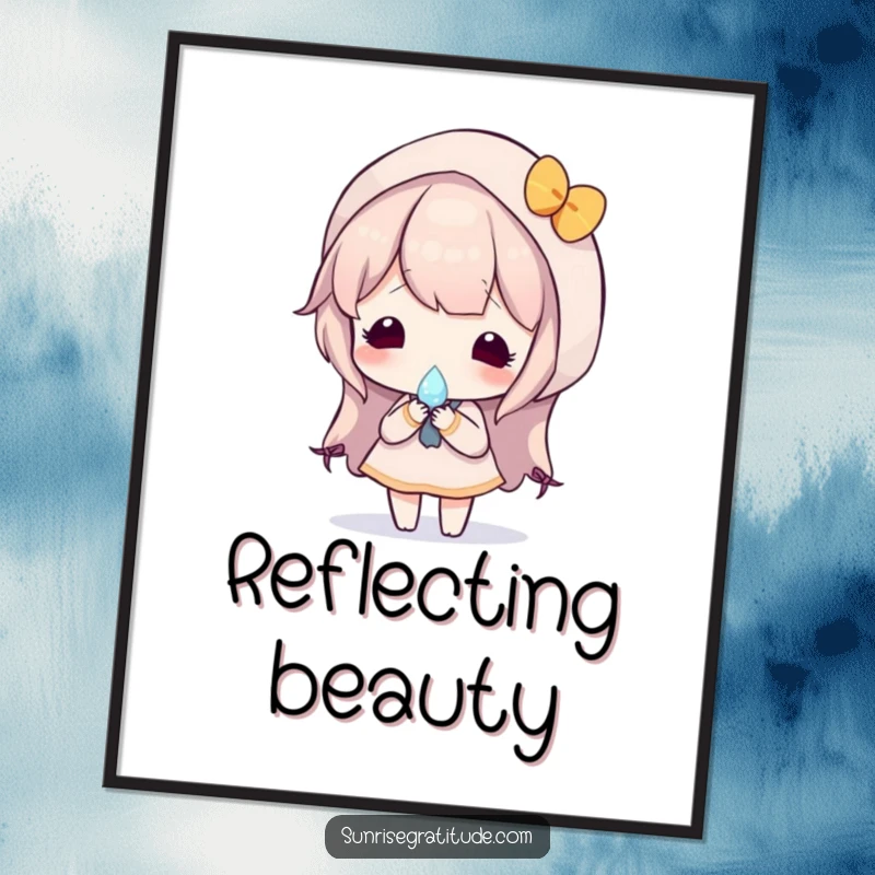 Peaceful poster displaying a character carefully holding a single dewdrop, perfectly reflecting a vivid sunrise, creating a moment of serene beauty.