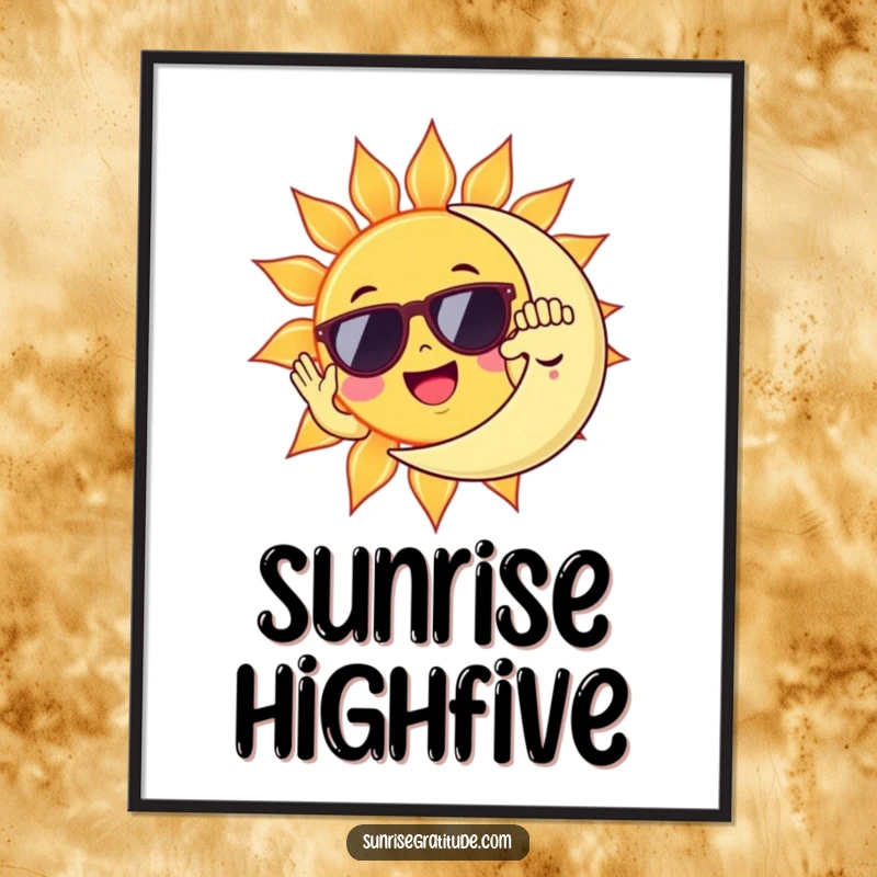 Funny sun wearing sunglasses high-fiving a sleepy moon, humorous celestial wall art for a cheerful vibe.