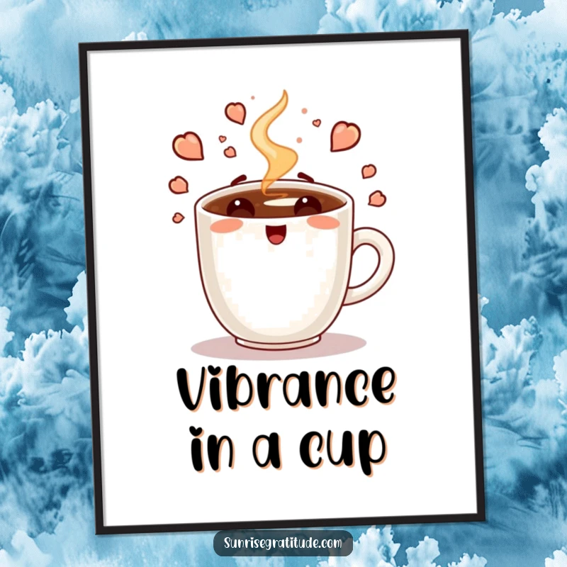 Funny poster art of an enthusiastic coffee cup steaming with the energy of a new day, perfect for uplifting wall decor.