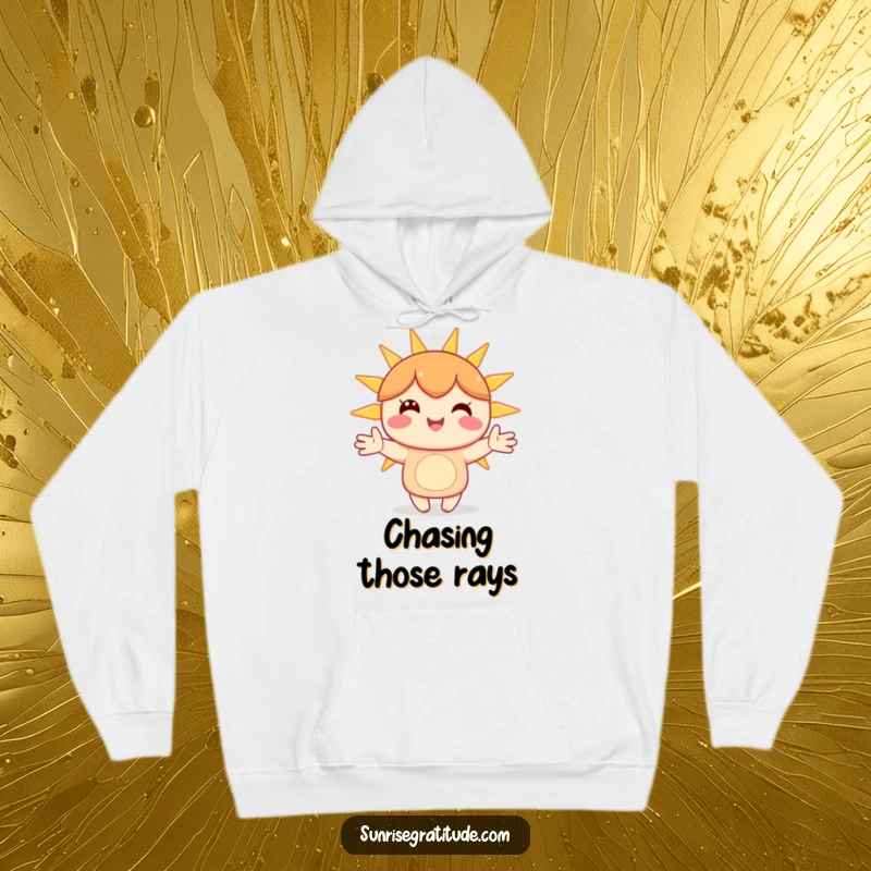Funny hoodie depicting a happy character holding hands with bright sunbeams, offering a warm and cheerful embrace.