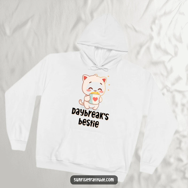 Funny hoodie with a character joyfully offering a hot mug to the soft glow of the morning light, symbolizing warmth.