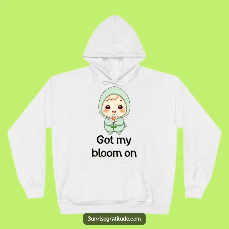 Funny Cozy Hoodie: Gleeful Character & Flower, Warm Funny Gift for Spring Lovers