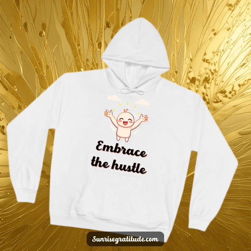 Funny hoodie, character with open arms embracing the dawn, cozy comfort, welcoming new day with enthusiasm, fantastic funny gift.