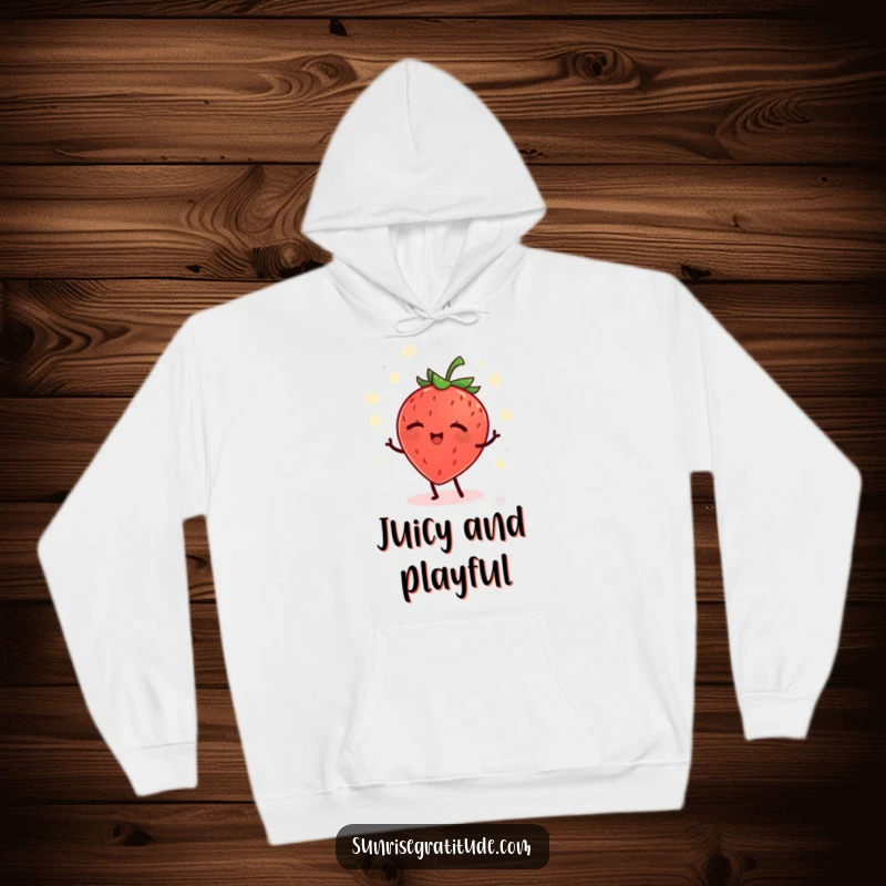 Funny giggling strawberry juggling dew drops at dawn, cozy hoodie for morning comfort.