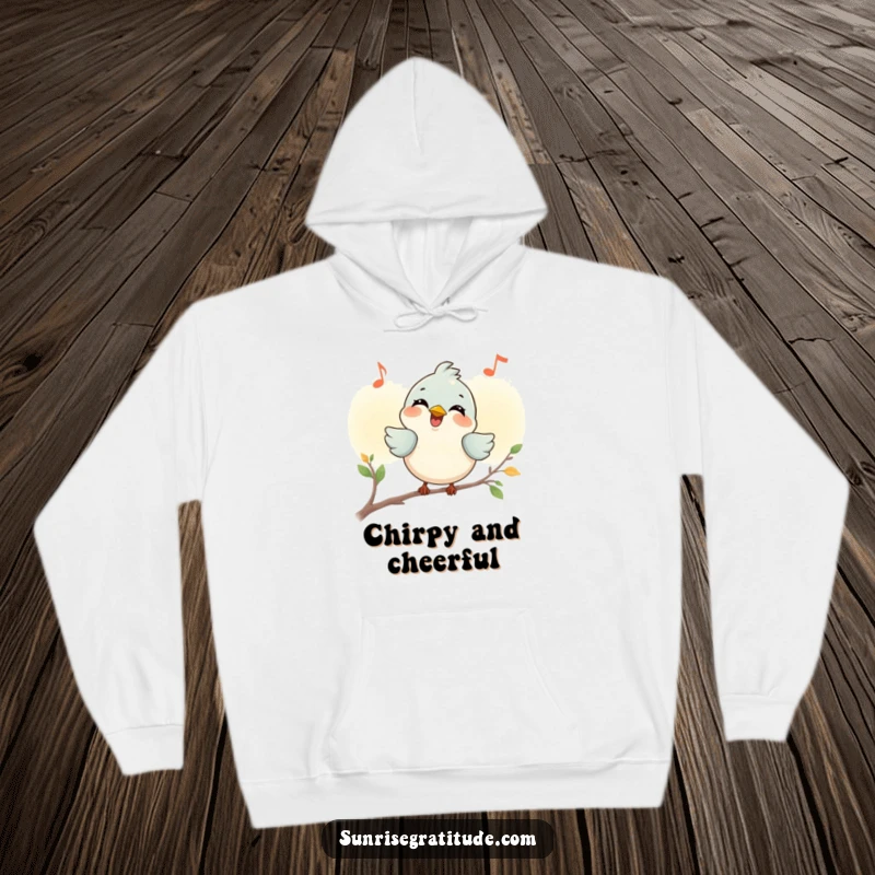 Funny smiling bird hoodie, chirping a joyful tune at dawn, providing warmth and morning cheer. A humorous and cozy item.