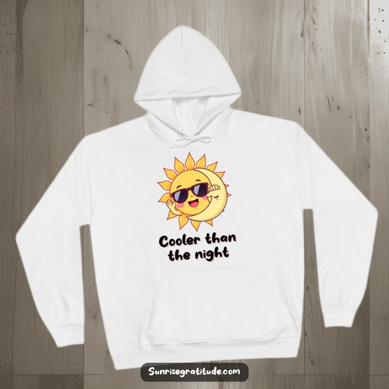 Funny cheerful sun wearing sunglasses high-fiving a sleepy moon, a cozy hoodie for celestial comfort.