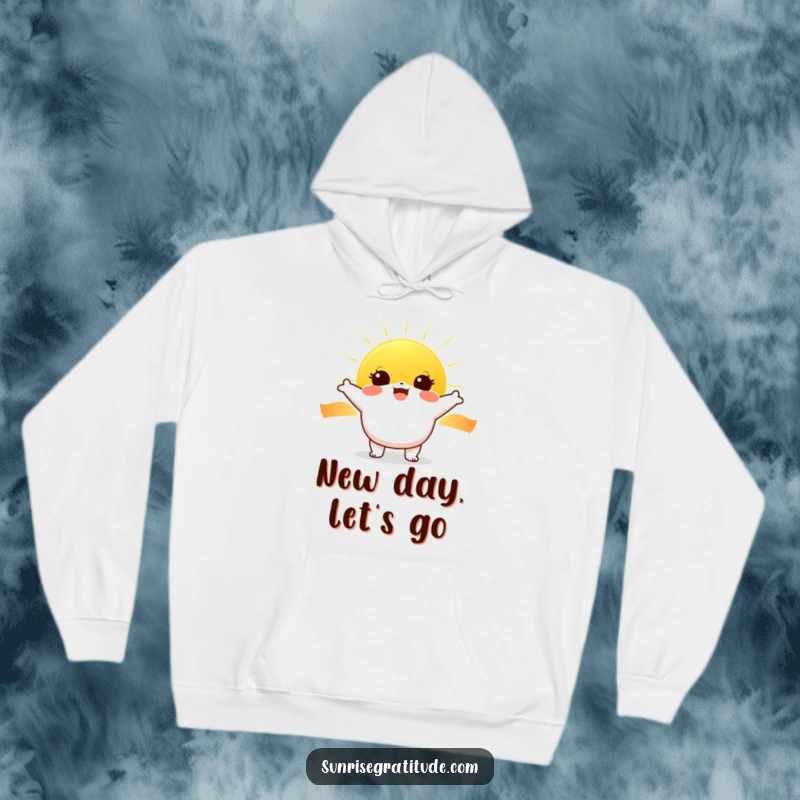 Funny Sunrise Aura Hoodie: Cheerful character greeting a rising sun, offering cozy comfort and funny humor.
