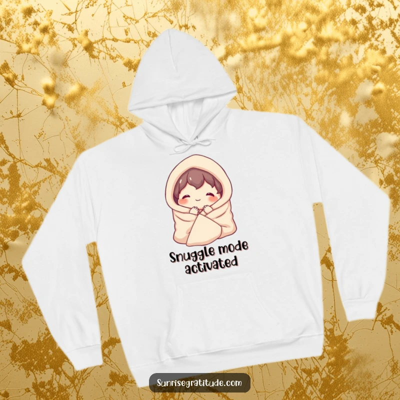 Funny hoodie with a character snuggled in a blanket, smiling contentedly at the dawning day, radiating warmth.