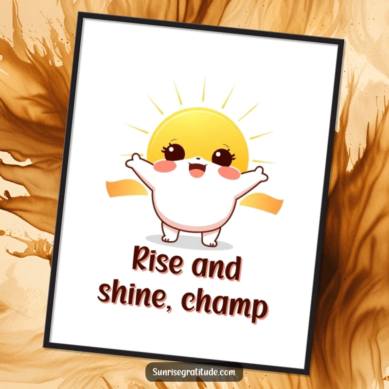 Free Printable Wall Art: Cheerful character with wide eyes joyfully greeting a bright, warm rising sun.