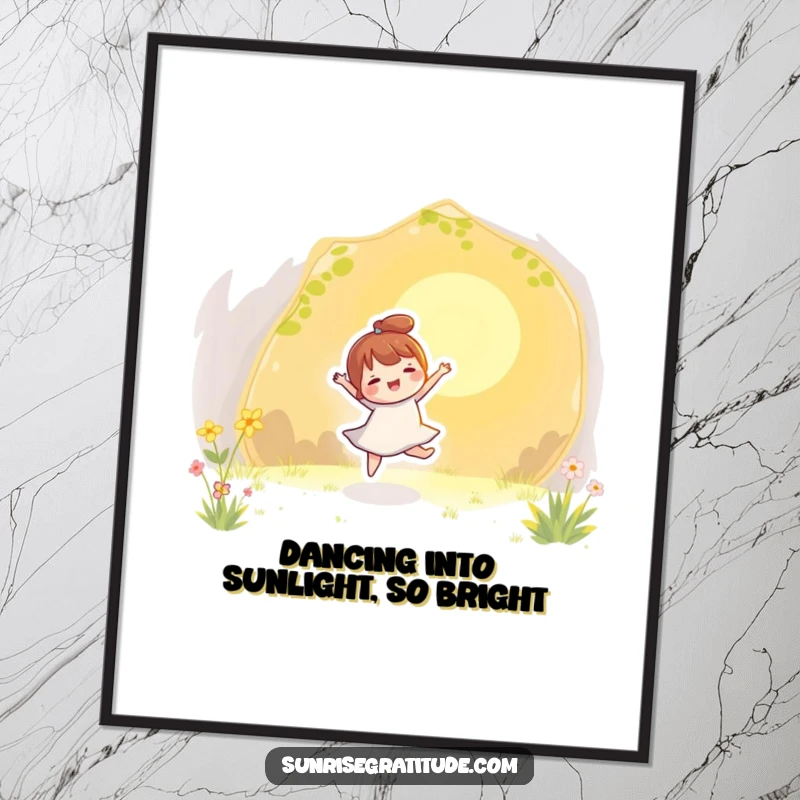 Funny Free Printable Wall Art: Character gleefully dancing with golden sun rays, energetic, downloadable art.