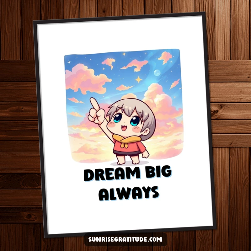 Inspiring free printable wall art of a character pointing upwards at a vast, beautiful, and colorful sky.