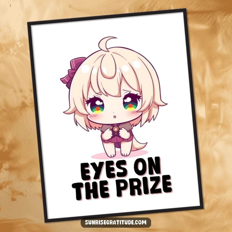 Funny Free Printable Wall Art: Character with sparkling eyes reflecting sunrise colors, a visually stunning and humorous piece of downloadable art.