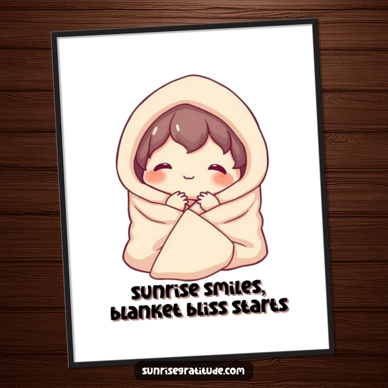 Free Printable Cozy Morning Wall Art: A character wrapped in a blanket smiles peacefully, embracing the calm beauty of a new day.