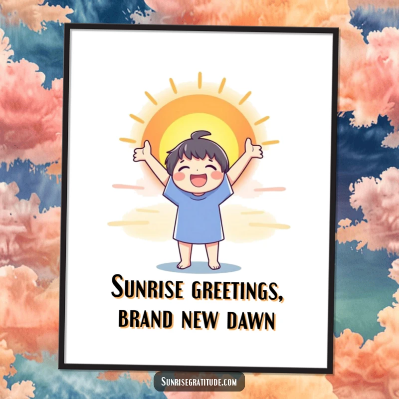 Free Printable Sunrise Joy Wall Art: A joyful character stretches towards a breathtaking, colorful sunrise, embodying hope and new beginnings.