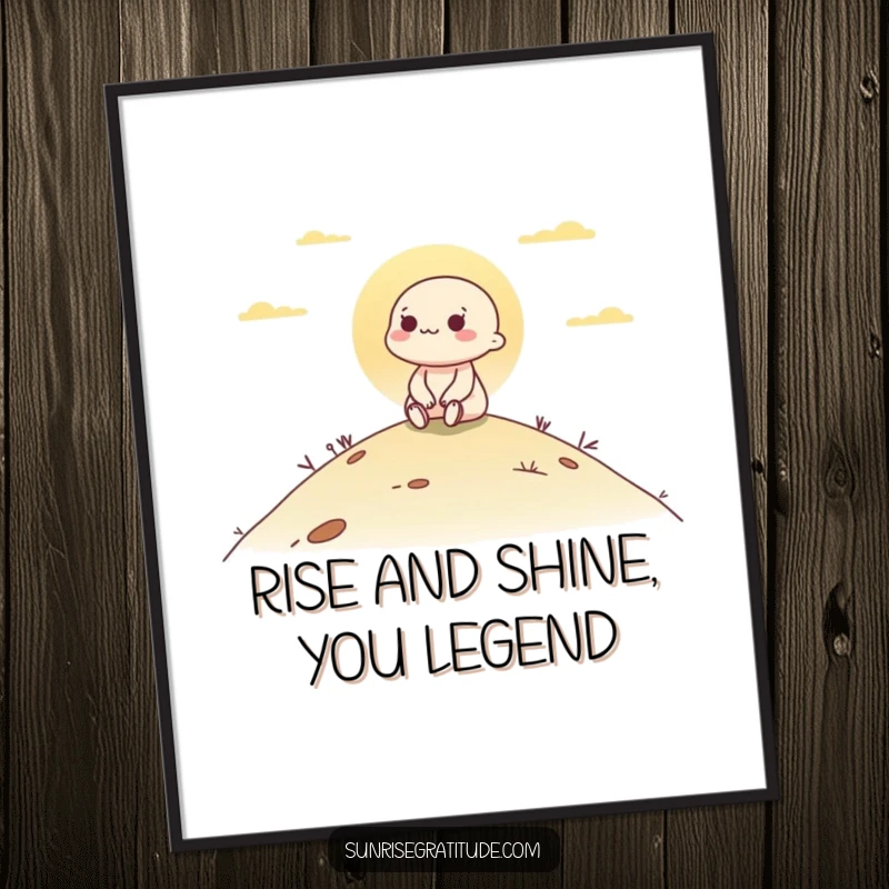 Funny Free Printable Wall Art: Character watching dawn on hill, peaceful landscape, downloadable art.