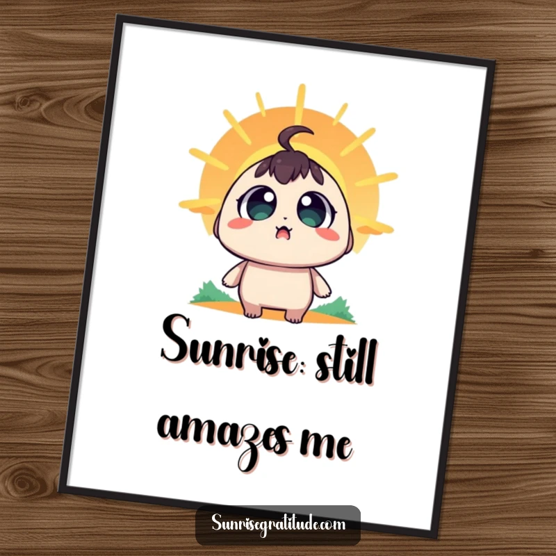 Funny free printable wall art of a character with wide, amazed eyes observing the sun emerge, creating a sense of wonder and delight.