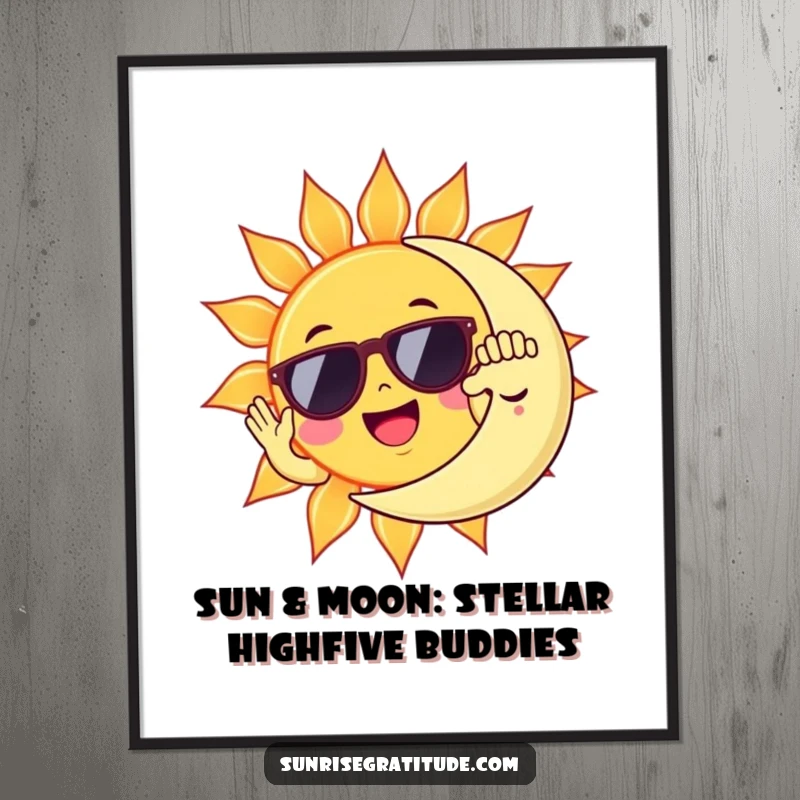 Funny Free Printable Wall Art: A cheerful sun in sunglasses enthusiastically high-fives a sleepy moon in a cosmic greeting.