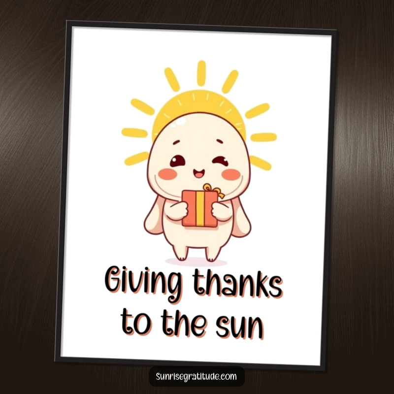 Funny Free Printable Wall Art: A whimsical, cheerful character offering a small, adorable gift to the immense and glowing morning sun.