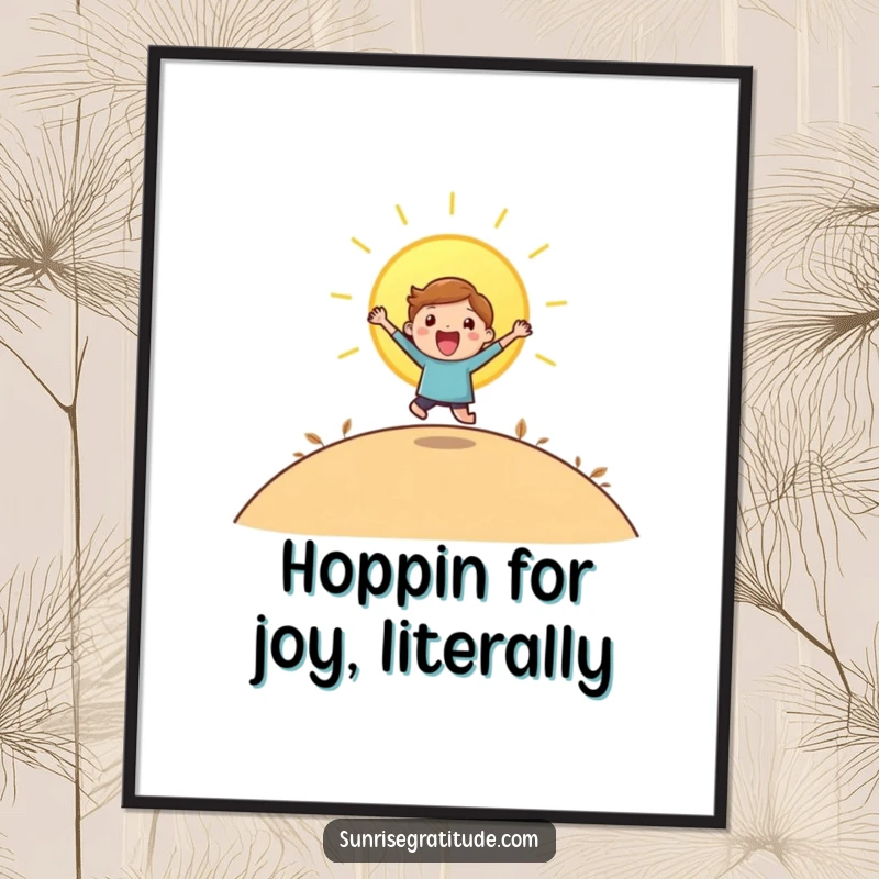 Funny Free Printable Wall Art: A silly, playful character captured mid-leap, exuding pure joy as the sun rises over a landscape.