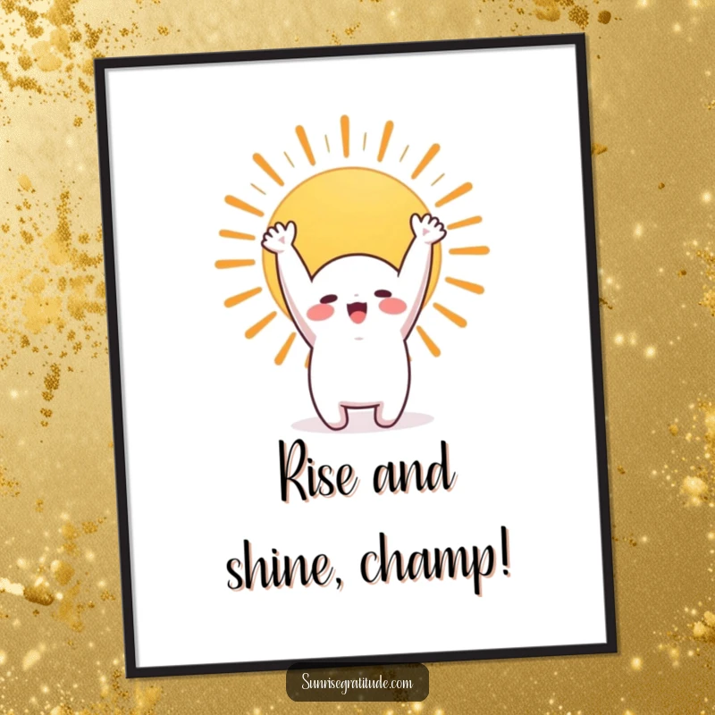 Funny Free Printable Wall Art: A cute, sleepy character stretching its arms enthusiastically towards a beautiful, vibrant sunrise, bringing morning cheer.