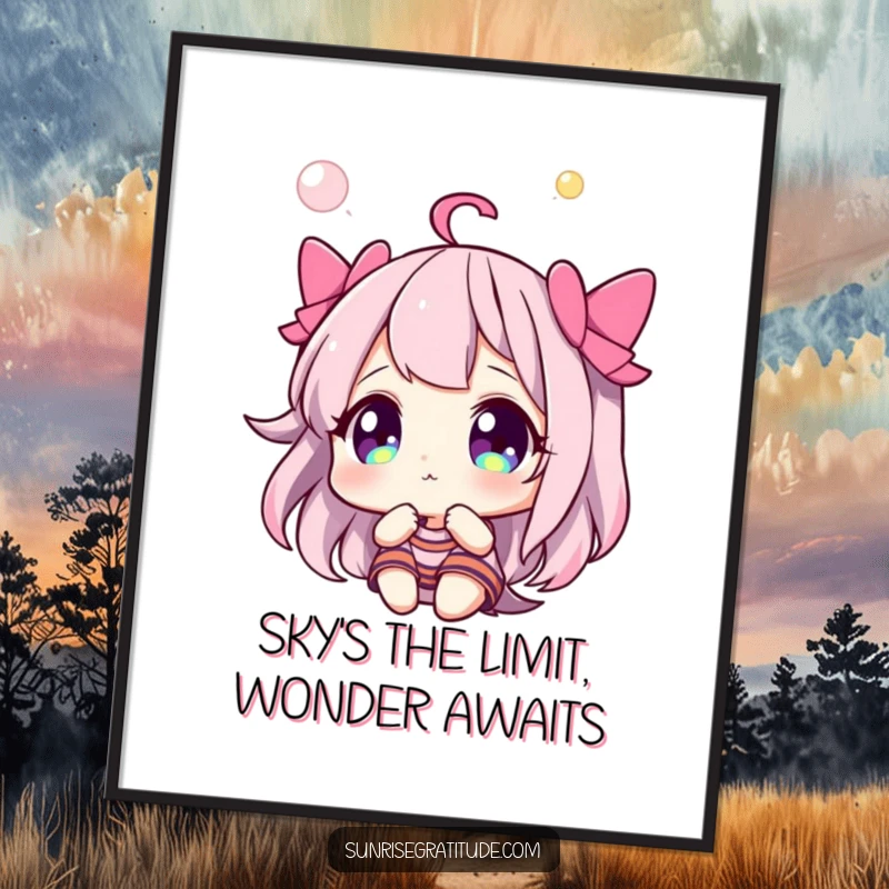 Free Printable Wonder Sky Wall Art: A character looks up in awe at a vast, vividly colored sky, inspiring wonder.