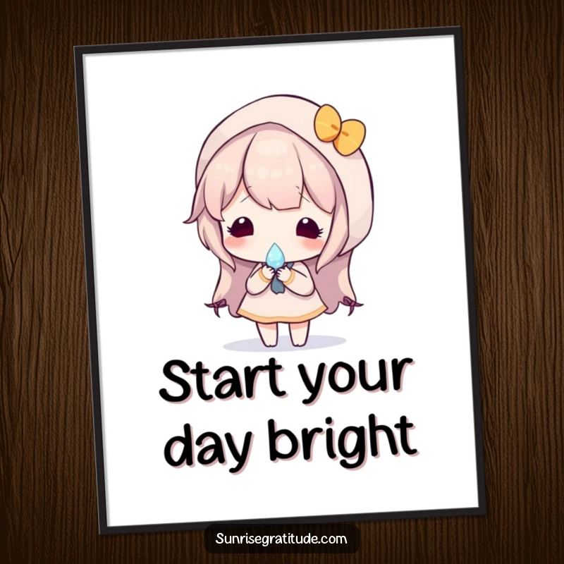 Beautiful free printable wall art of a character holding a single dewdrop reflecting a breathtaking sunrise.