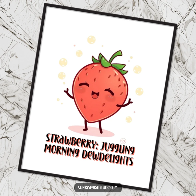 Funny Free Printable Wall Art: A happy strawberry giggling while juggling glowing dew drops at the break of dawn.