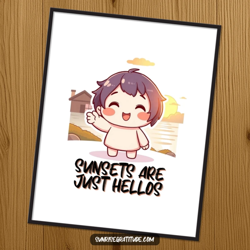 Free Printable Wall Art: Character smiling and waving goodbye to a beautiful setting sun with a warm glow.