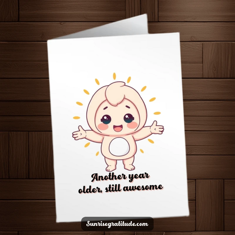 Funny Free Printable Birthday Card: Cheerful character with open arms hugging the entire world, spreading joy and laughter.