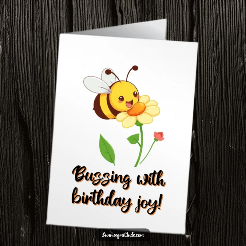Funny Free Printable Happy Birthday Card with a playful bee buzzing towards a blooming flower, a cheerful greeting.