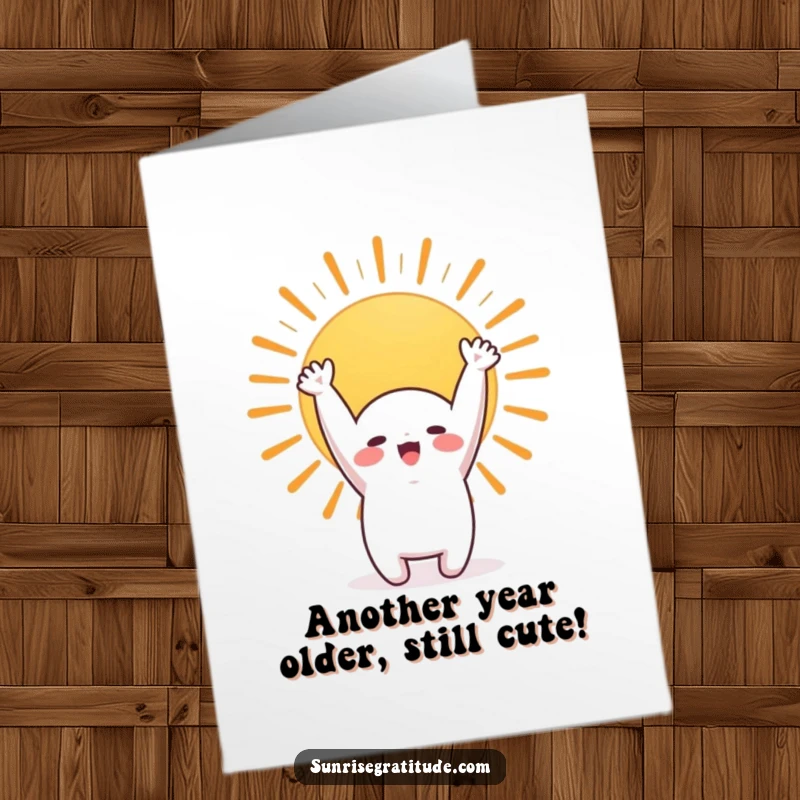 Funny Free Printable Birthday Card: A cute character gracefully stretching its arms up to greet the vibrant rising sun.