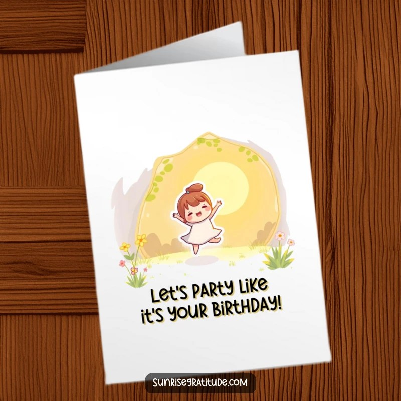 Funny Free Printable Birthday Card: Character dancing with sun rays, playful, energetic, downloadable art.
