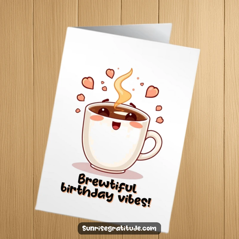 Funny Free Printable Birthday Card: An excited coffee cup steams vigorously, radiating morning energy, ready to celebrate a special day.