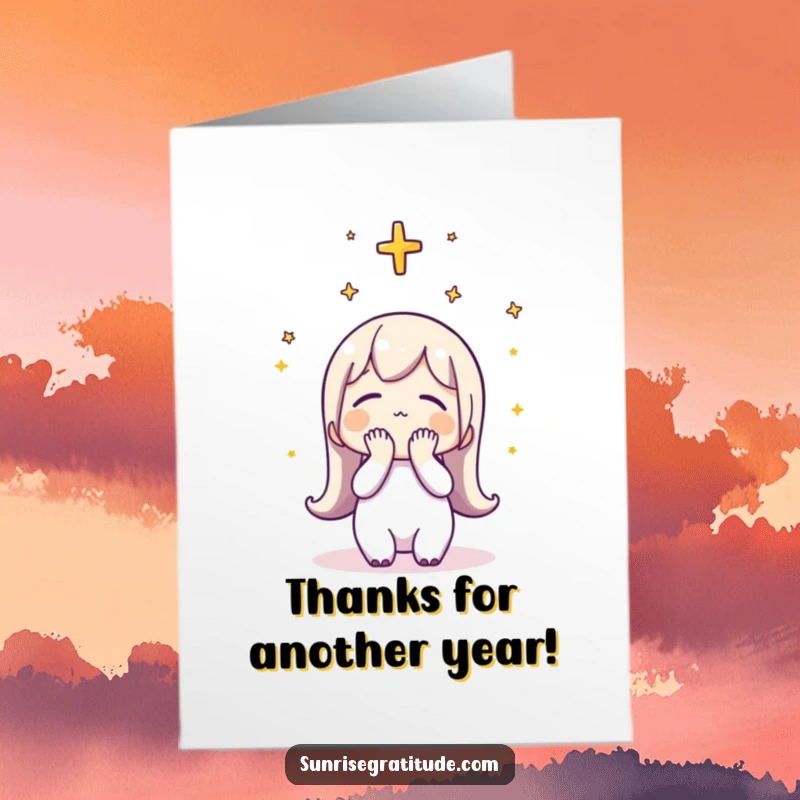 Funny free printable birthday card showing a character bowing its head gratefully to the sky, perfect for expressing sincere birthday wishes.