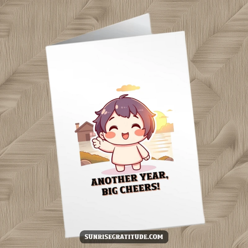 Free Printable Birthday Card: Smiling character waving goodbye to a beautiful setting sun with a warm glow.