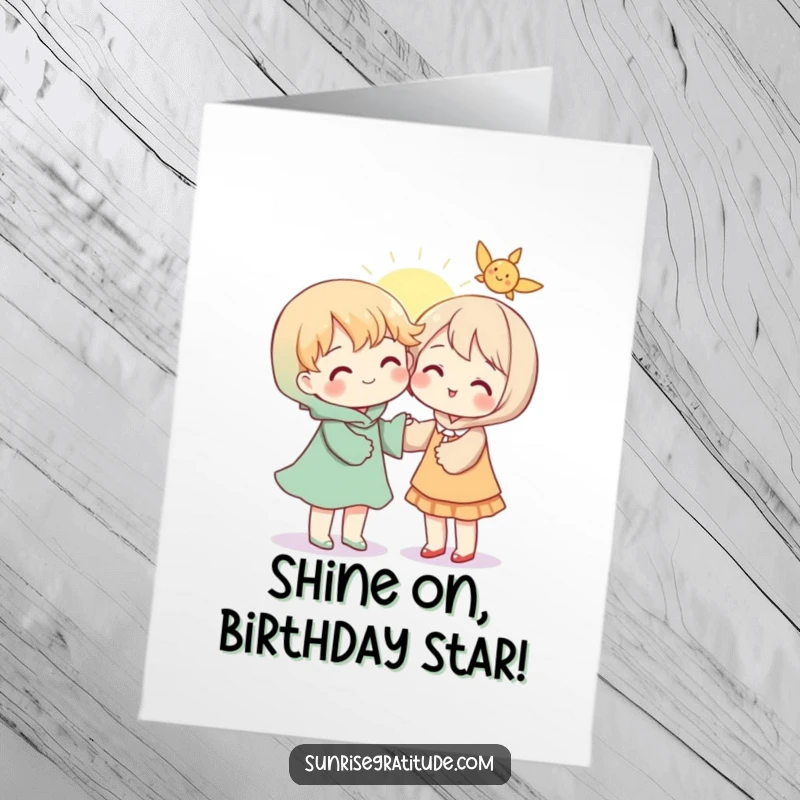 Heartwarming free printable birthday card showing a character sharing a warm ray of sunshine with another.
